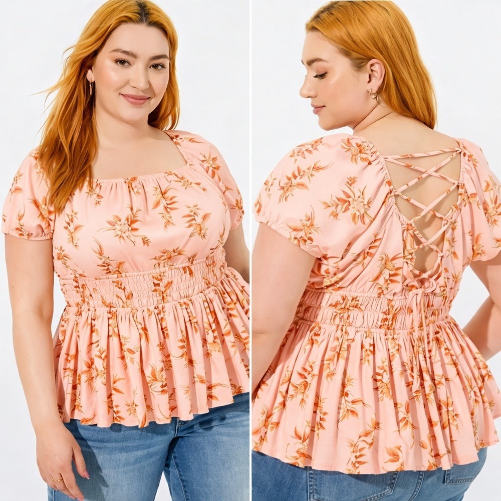 Torrid Iris Paradise Floral Pink Crinkle Gauze Criss Cross Babydoll Top SZ 1X